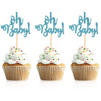 Donoter 48 Pcs Blue Glitter Oh Baby Cupcake Topper Picks For Baby Shower Party Cake Decorations