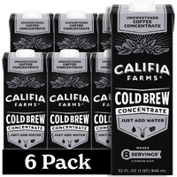 Califia Farms - Unsweetened Cold Brew Coffee Concentrate, 32 Fl Oz (Pack Of 6), 100% Arabica, Shelf Stable, Plant Based, Vegan, Gluten Free, Non Gmo, Sugar Free, Iced Coffee