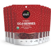 Elan Organic Dried Goji Berries, Sulphite-Free, Non-Gmo, Vegan, Gluten-Free, Kosher, Wolfberries, Healthy Snacks, Dried Fruit Snacks, Superfood, 8 Pack Of 4.9 Oz