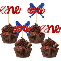 24Pcs Baseball 1St Birthday Cupcake Toppers Glitter First Birthday Baseball One Cupcake Picks Decorations For Baseball Sports Theme Baby Shower 1St Birthday Party Supplies