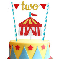 Circus Two Birthday Cake Topper, Vintage Tent Big 2Nd Cake Topper For Kids 2Nd Birthday Party Decorations Supplies