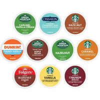 30 Count - Flavored K-Cups Coffee Pods Variety Sampler Includes Starbucks Hazelnut, Caramel, Cinnamon Dolce & Vanilla - Green Mountain Caramel Vanilla Cream, Maple Pecan & Hazelnut - Folgers Hazelnut - Dunkin French Vanilla -Cinnabon Cinnamon Roll For Keurig Brewers.