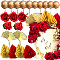 Jevenis 21 Pcs Red Rose Cake Decoration Queen Birthday Cake Decoration Ginkgo Palm Leaves Cake Decoration For Wedding Birthday Engagement Bridal Shower