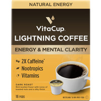 Vitacup Lightning Coffee Pods, Enhance Memory & Focus W/ 2X Caffeine, Green Coffee Bean, B Vitamins, D3, Strong Dark Roast Coffee, Recyclable Single Serve Pod Compatible W/Keurig K-Cup Brewers,16 Ct