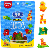 Amos 4D Gummy Blocks Candy Bricks, Edible Building Blocks, Themed Novelty Candy For Kids Birthday Party, Cupcake Topper, Resealable 2.19Oz Bag (Pack Of 3)