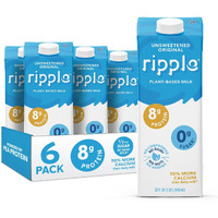 Ripple Unsweetened Original Non-Dairy Milks | Vegan Milk With 8G Pea Protein | Shelf Stable | Non-Gmo. Plant Based, Gluten Free | (32 Fl Oz (Pack Of 6), Unsweetened Original)