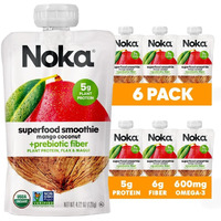 Noka Superfood Fruit Smoothie Pouches, Mango Coconut, Healthy Snacks With Flax Seed, Prebiotic Fiber And Plant Protein, Vegan And Gluten Free, Organic Squeeze Pouch, 4.22 Oz, 6 Count