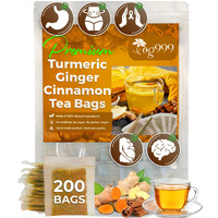 Tog999, 200 Tea Bags Turmeric, Ginger, Cinnamon, 100% Natural, Hand-Made Blend Of Turmeric, Ginger, And Cinnamon Herbal Tea. Eco-Conscious Tea Bags. No Sugar, No Caffeine, No Gluten, Vegan.