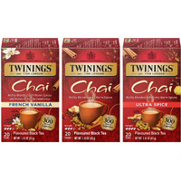 Twinings Chai Tea Variety 3-Pack - Chai, Ultra Spice Chai, And French Vanilla Chai, Caffeinated Black Tea Bags, 20 Count Each