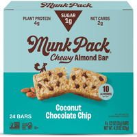 Munk Pack Chewy Almond Bar, Coconut Chocolate Chip | 1G Sugar, 4G Protein, Low Carb & Keto | Gluten Free, Grain Free, Plant Based, Zero Added Sugar | Breakfast & Snack Bars | 24 Count