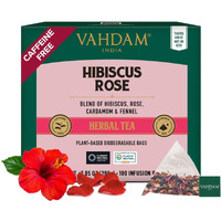 Vahdam, Hibiscus Rose Tea Bags - 100% Whole Hibiscus Flowers Herbal Tea Bags (100 Count) With Rose, Chamomile & Exotic Spices | Caffeine Free, Floral Flavor Tisane | Resealable Ziplock Pouch