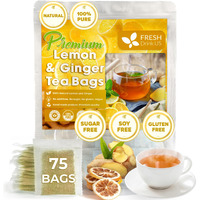Freshdrinkus, Premium 75 Lemon Ginger Tea Bags, 100% Natural Ingredients, Hand-Made Blend Of Lemon And Ginger, Eco-Conscious Tea Bags. Lemon Ginger Herbal Tea. No Sugar, No Caffeine, No Gluten, Vegan.