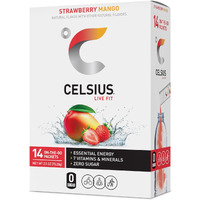 Celsius On-The-Go Powder Sticks Strawberry Mango, Essential Energy 2.5 Oz (14 Sticks Per Pack)