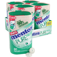 Mentos Pure Fresh Sugar-Free Chewing Gum With Xylitol, Spearmint, In A Recyclable 90% Paperboard Bottle, 80 Piece, Pack Of 4 Bottles