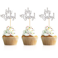 Donoter 48 Pcs Silver Glitter Oh Baby Cupcake Topper Picks For Baby Shower Party Cake Decorations