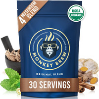 Monkey Brew - Four Mushroom Coffee Alternative Drink - Lion's Mane, Cordyceps, Turkey Tail, Ashwagandha, Turmeric, Cacao & Chicory - Promotes Calmness, Energy, Focus & Gut Health - 30 Servings