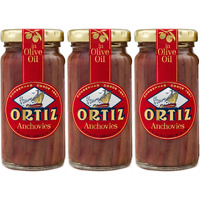 Ortiz Anchovies In Extra Virgin Olive Oil, Firm Buttery Fillets With A Rich Umami Taste, Wild Caught In Spain, Great For Pizza, Pasta And Caeser Salad, 3.3Oz Glass Jar (Pack Of 3)