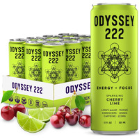 Odyssey 222 Energy Drink, Pre Workout, 222Mg Caffeine, Clean Energy Drinks, L Theanine, Lions Mane, Cordyceps & Green Tea For Energy, Focus & Mood Boost, Low Calorie, Cherry Lime, 12 Fl Oz, 12 Pack