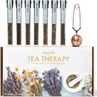 Thoughtfully Gourmet, Tea Therapy Infusion Gift Set, 7 Unique Flavors And Reusable Copper Ball Infuser, Loose Leaf Tea Set Flavors Include Peppermint, Jasmine, Vanilla Chai And More, Set Of 7