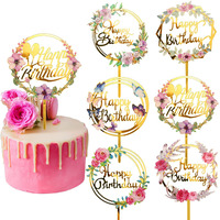 6 Pieces Happy Birthday Cake Toppers Gold Flower Acrylic Cake Toppers Acrylic Cupcake Topper For Various Birthday Party Anniversary Cake Pastries Decorations