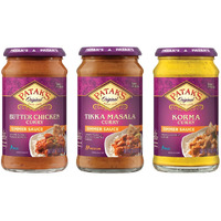 Patak's Simmer Sauce, 15 Oz (Pack Of 3), Variety Pack (1 Butter Chicken, 1 Tikka Masala, 1 Korma), No Artificial Flavors, Gluten Free, Vegetarian Friendly