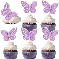 Chinco 48 Pcs Butterfly Cupcake Toppers Assembled Double Layer Cupcake Topper 3D Glitter Cupcake Topper Butterfly Cocktail Pick Decoration For Baby Shower Birthday Wedding (Purple,Classic Style)