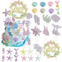 34Pcs Mermaid Birthday Cake Topper Kit With Mermaid Themed Cupcake Topper Picks, Glitter Seaweed Decor And Starfish Conch Seahorse Shell For Birthday Party, Wedding Mermaid Party Supplies