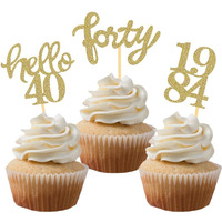Gold Glitter 40Th Birthday Cupcake Toppers 40Th Birthday Celebrating Party Decorations - Set Of 24