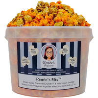 Ren  Es Mix Gourmet Popcorn - Mix Of Brown Sugar Caramel Crunch Corn, Wisconsin Cheddar Cheesy Corn - An Indulgent, Crispy, Cheesy, Sweet Popped Fresh, Handmade, Chicago Style Snack Or Gift - 1.1 Gallon Plastic Bucket Tin.