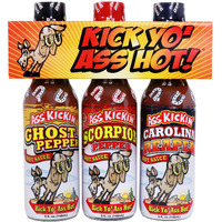 Kick Yo' As Hot Sauce Bottles Gift Set - Ghost Pepper, Scorpion And Carolina Reaper Hot Sauces - Try If You Dare! - Perfect Stocking Stuffers Or Christmas Gifts For The Hot Sauce Fan