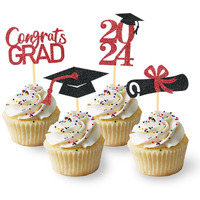 24Pcs Graduation Cupcake Toppers, Graduation Cupcake Picks For Cupcake Food Decorations - Class Of 2024 Graduation Cupcake Toppers Supplies (Red)