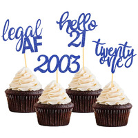 24 Pcs Glitter 21St Birthday Cupcake Toppers For Celebrating Twenty-One Years Old Birthday Party Decorations (Dark Blue Glitter)
