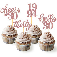 24 Pcs Rose Gold Glitter 30Th Birthday Cupcake Toppers For Celebrating Thirty Years Old Birthday Party Decorations For 30Th Anniversary Party Supplies