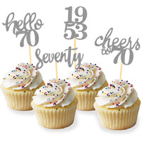 24 Pcs Glitter 70Th Birthday Cupcake Toppers For Celebrating 70Th Birthday Party Decorations For Seventy Years Old Birthday Party Supplies (Silver)