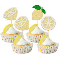 24Pcs Lemon Cupcake Toppers Glitter Flower Ring Fruit Bridal Shower Cupcake Picks For Lemonade Engagament Party Baby Shower Birthday Party Cake Decorations Supplies