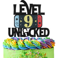 Level 9 Unlocked Game Birthday Cake Topper - Video Game Boy's 9Th Birthday Game On Party Cake Supplies - Gaming Level Up Winner Party Decoration