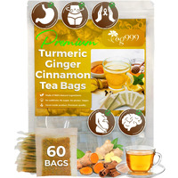 Tog999, 60 Tea Bags - Turmeric,Ginger,Cinnamon Tea,100% Natural,Hand-Made Blend Of Turmeric,Ginger,And Cinnamon. Eco-Conscious Bags. Turmeric Ginger Herbal Tea. No Sugar,No Caffeine,No Gluten,Vegan.