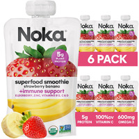 Noka Superfood Fruit Smoothie Pouches, Strawberry Banana With Immune Support, Healthy Snacks With Elderberry, Flax Seed, Plant Protein, And Prebiotic Fiber, Gluten Free And Vegan, 4.22 Oz, 6 Count