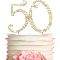 50 Cake Topper - Premium Gold Metal - 50Th Birthday Or Golden Anniversary Party Sparkly Rhinestone Decoration Makes A Great Centerpiece - Now Protected In A Box