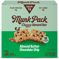Munk Pack Chewy Almond Bar, Almond Butter Chocolate Chip - 1G Sugar, 5G Protein, Low Carb & Keto - Gluten Free, Grain Free, Plant Based - Zero Added Sugar Breakfast & Snack Bars, 12 Bars