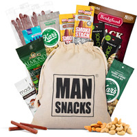 Mansnacks Deluxe Jerky & Nuts Gift Basket For Men - 28 Pc - Large Variety Of Beef Jerky Sticks, Pepperoni Sticks, Cheese Stick, Almonds, Peanuts & Pistachios, In A Manly Gift Bag