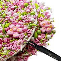 Pink Flowers Sprinkles | Edible Flowers For Cake Decorating | White Sugar Pearls | Pink Sugar Pearls | Green Sugar Pearls | Spring Sprinkles | Pastel Sprinkles 3.5 Oz With Tweezers