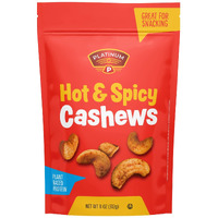 Platinums Hot & Spicy Cashews - Plant Based Protein, Fiber, Healthy Snack - Hot & Spicy Flavor - Nutritional Boost - Can Bring At Home, Work, Office, Gym & School - 11 Oz Individual & Resealable Pouch