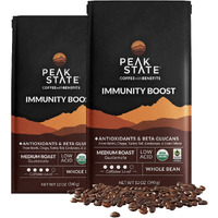 Peak State Coffee With Benefits - Mushroom Coffee Organic Coffee Beans - Immunity Boost Medium Roast - Low Acid Coffee - Mold Free, Vegan, Paleo, Dairy & Gluten-Free (2 X 12 Oz Bags, Whole Bean - $1.14/Cup)