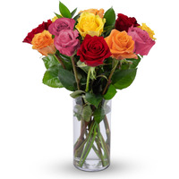Benchmark Bouquets, 12 Stem Rainbow Roses, Glass Vase Included, Gift Fresh Flowers For Birthday, Anniversary, Get Well, Sympathy, Congratulations, Thank You, Just Because
