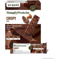 Simply Protein - Dark Chocolate Almond Crispy Bars - Plant Based Protein Bars - Low Carb, Low Sugar, High Fiber - 13G Protein, 2G Sugar, 7G Fiber - Vegan, Gluten Free, Non Gmo, Kosher - 24 Bars