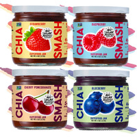 Chia Smash Jam, Variety 4-Pack | No Sugar Added, Naturally Sweet Jelly | Keto Friendly, Low Calorie, Low Carb | Non Gmo, Upcycled, Vegan, Plant Based, Paleo | Strawberry, Raspberry, Blueberry, Cherry