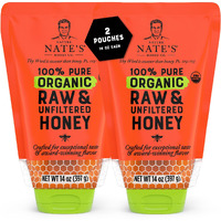 Nature Nate's 100% Pure Usda Organic Raw & Unfiltered Honey, Two 14 Oz. No-Drip Sustainable Squeeze Pouches; Purity Guarantee, No Additives
