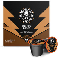 Death Wish Coffee Co. Medium Roast Single Serve Pods - Extra Kick Of Caffeine - Lighter Blend Of Bold Arabica & Robusta Beans - Usda Organic Bold Full Body Roast For A Day Lift (50 Count)