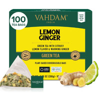 Vahdam, Lemon Ginger Tea Bags (100 Green Tea Bags) Low Caffeine | Fruity Flavor - Zesty Lemon & Ginger, Orange Peel | Resealable Ziplock Pouch | Brew Hot Or Iced Tea